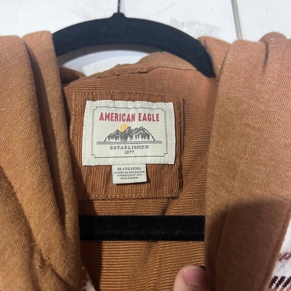 American Eagle Hooded Flannel Plaid Brown Cream Navy Fall Size XL Cozy Boyfriend - Picture 6 of 10
